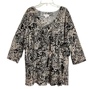 Susan Graver Paisley Liquid Knit Tiered Ruffle Top Womens 1X Black Tan Boho Soft